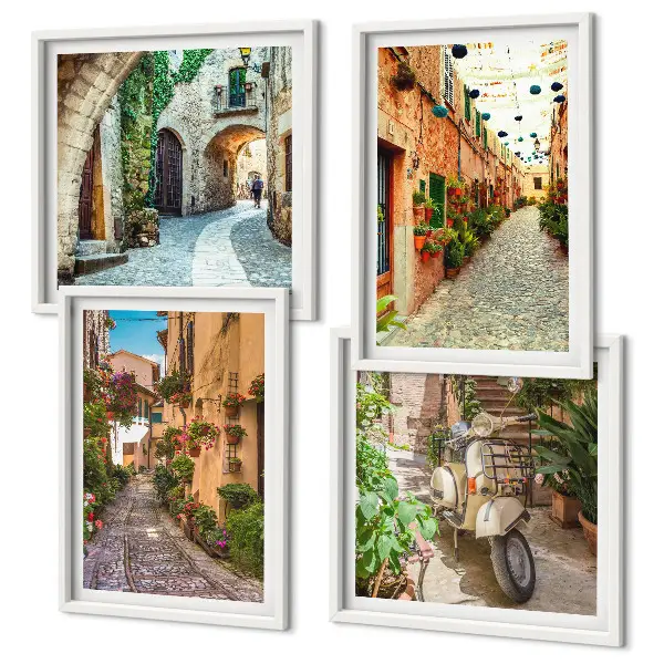 Charmante italienische Straßen und Blumen als gerahmtes Polyptychon