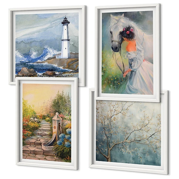 Wanddeko-Set mit Leuchtturm, Landschaft, Mädchen und Pferd Motiven