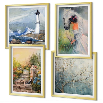 Wanddeko-Set mit Leuchtturm, Landschaft, Mädchen und Pferd Motiven