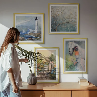Wanddeko-Set mit Leuchtturm, Landschaft, Mädchen und Pferd Motiven