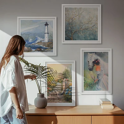 Wanddeko-Set mit Leuchtturm, Landschaft, Mädchen und Pferd Motiven