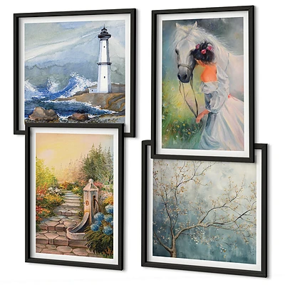 Wanddeko-Set mit Leuchtturm, Landschaft, Mädchen und Pferd Motiven