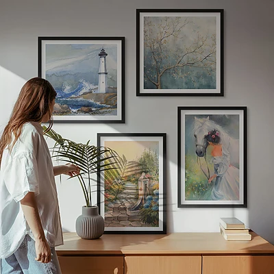 Wanddeko-Set mit Leuchtturm, Landschaft, Mädchen und Pferd Motiven