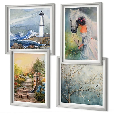 Wanddeko-Set mit Leuchtturm, Landschaft, Mädchen und Pferd Motiven