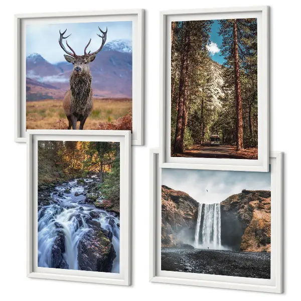 Wandbild Wasserfall im Wald mit Hirsch fünfteiliges Set im Rahmen