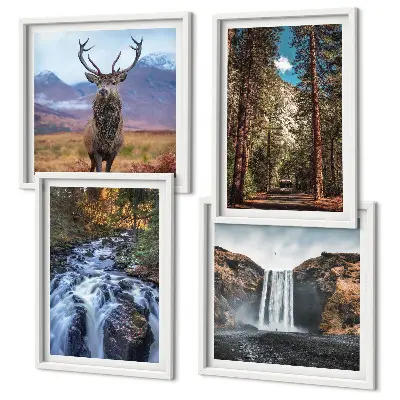 Wandbild Wasserfall im Wald mit Hirsch fünfteiliges Set im Rahmen