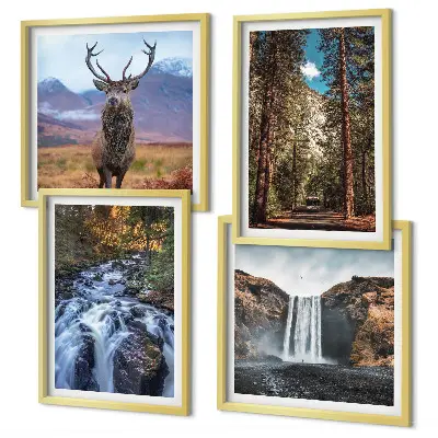 Wandbild Wasserfall im Wald mit Hirsch fünfteiliges Set im Rahmen