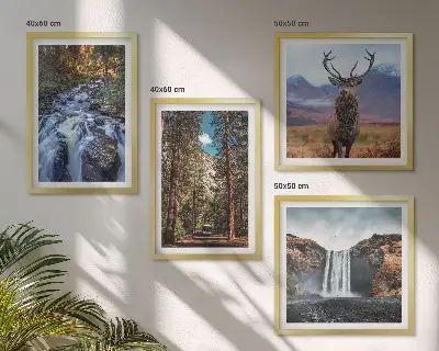 Wandbild Wasserfall im Wald mit Hirsch fünfteiliges Set im Rahmen