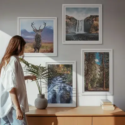 Wandbild Wasserfall im Wald mit Hirsch fünfteiliges Set im Rahmen