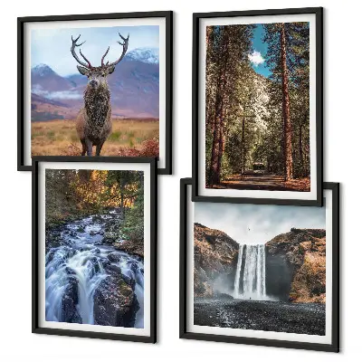 Wandbild Wasserfall im Wald mit Hirsch fünfteiliges Set im Rahmen