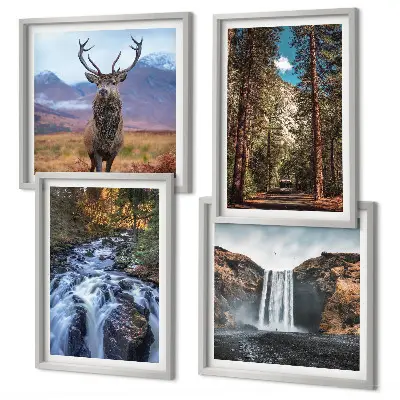 Wandbild Wasserfall im Wald mit Hirsch fünfteiliges Set im Rahmen