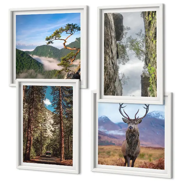 Wanddeko-Set mit Motiv Straße, Wald, Berge und Hirsch