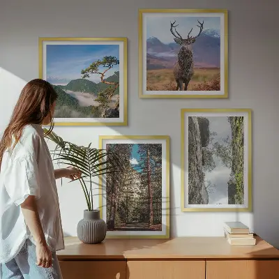 Wanddeko-Set mit Motiv Straße, Wald, Berge und Hirsch