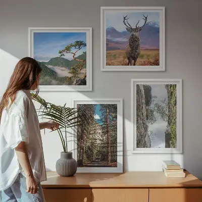 Wanddeko-Set mit Motiv Straße, Wald, Berge und Hirsch