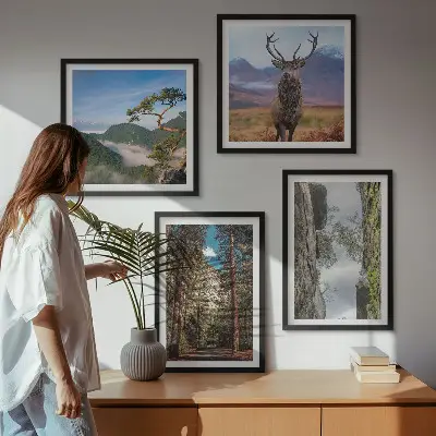 Wanddeko-Set mit Motiv Straße, Wald, Berge und Hirsch