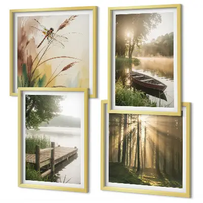 Polyptychon mit Rahmen Motiv See, Wald, Boot und Morgennebel