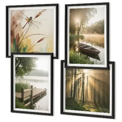 Polyptychon mit Rahmen Motiv See, Wald, Boot und Morgennebel
