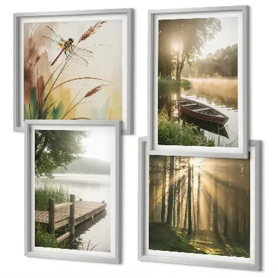 Polyptychon mit Rahmen Motiv See, Wald, Boot und Morgennebel