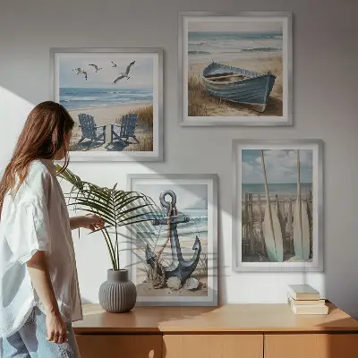 Polyptychon mit Rahmen mit Motiv Anker, Boot, Ruder und Strand