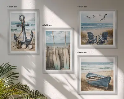 Polyptychon mit Rahmen mit Motiv Anker, Boot, Ruder und Strand