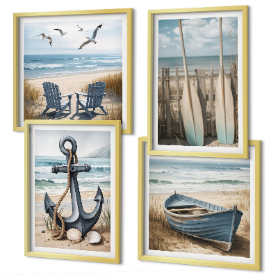 Polyptychon mit rahmen Anker, Boot, Ruder, Strand