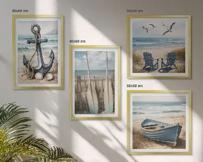 Polyptychon mit Rahmen mit Motiv Anker, Boot, Ruder und Strand
