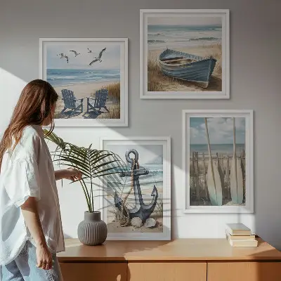 Polyptychon mit Rahmen mit Motiv Anker, Boot, Ruder und Strand