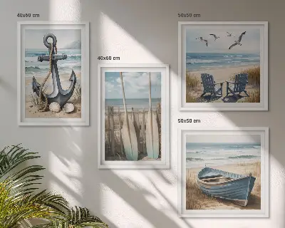 Polyptychon mit Rahmen mit Motiv Anker, Boot, Ruder und Strand