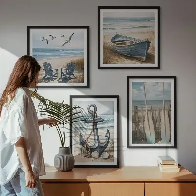 Polyptychon mit Rahmen mit Motiv Anker, Boot, Ruder und Strand