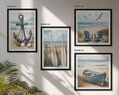 Polyptychon mit Rahmen mit Motiv Anker, Boot, Ruder und Strand