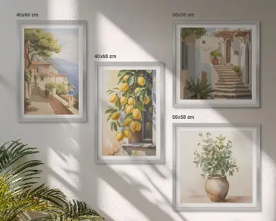 Blumen in einer Vase, ein Meer aus Zitronen als gerahmtes Polyptychon