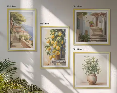 Blumen in einer Vase, ein Meer aus Zitronen als gerahmtes Polyptychon