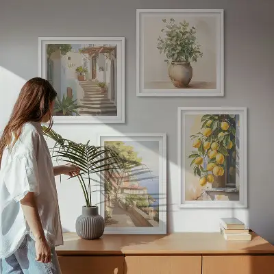 Blumen in einer Vase, ein Meer aus Zitronen als gerahmtes Polyptychon