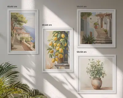 Blumen in einer Vase, ein Meer aus Zitronen als gerahmtes Polyptychon
