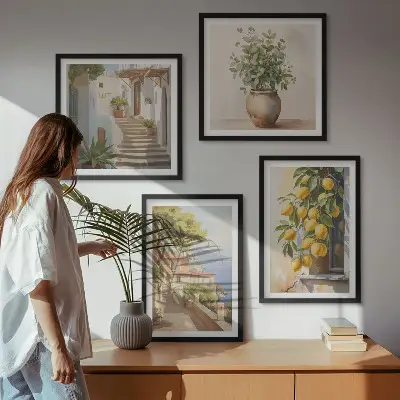Blumen in einer Vase, ein Meer aus Zitronen als gerahmtes Polyptychon