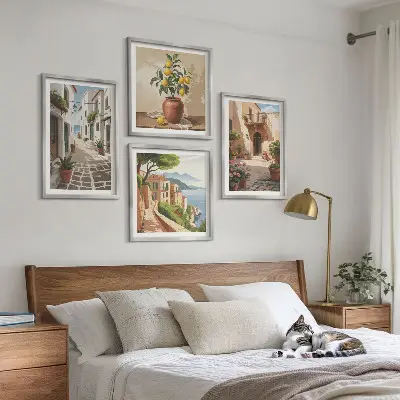 Wanddeko-Set mit Motiven von Straßen, Häusern, Pflanzen und Töpfen