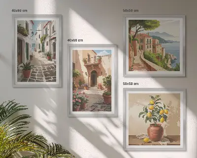 Wanddeko-Set mit Motiven von Straßen, Häusern, Pflanzen und Töpfen