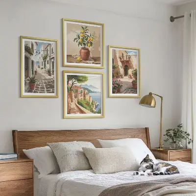 Wanddeko-Set mit Motiven von Straßen, Häusern, Pflanzen und Töpfen