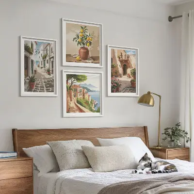 Wanddeko-Set mit Motiven von Straßen, Häusern, Pflanzen und Töpfen