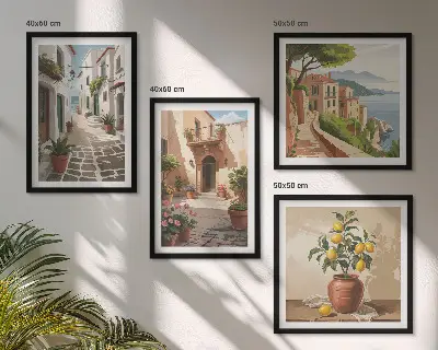 Wanddeko-Set mit Motiven von Straßen, Häusern, Pflanzen und Töpfen