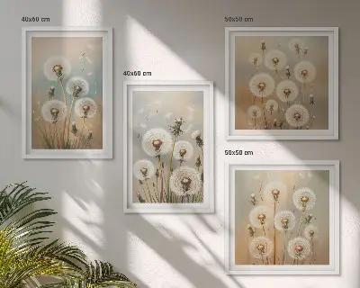 Wanddeko-Set mit pastellfarbenen Löwenzahnblüten