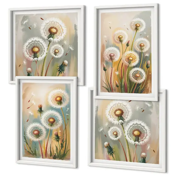 Löwenzahnblüten und pastellfarbene Gräser als mehrteiliges Wandbild mit Rahmen