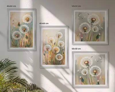 Löwenzahnblüten und pastellfarbene Gräser als mehrteiliges Wandbild mit Rahmen