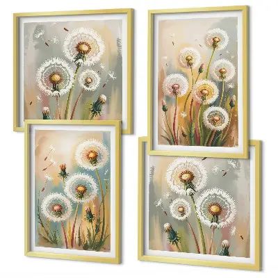 Löwenzahnblüten und pastellfarbene Gräser als mehrteiliges Wandbild mit Rahmen