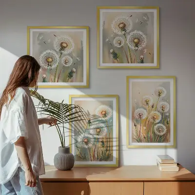 Löwenzahnblüten und pastellfarbene Gräser als mehrteiliges Wandbild mit Rahmen