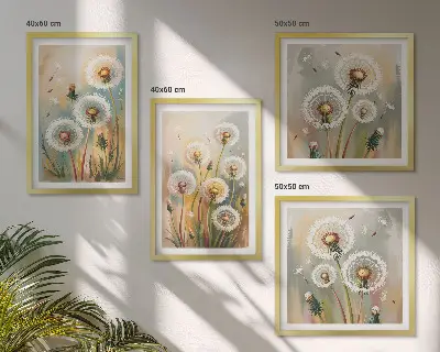 Löwenzahnblüten und pastellfarbene Gräser als mehrteiliges Wandbild mit Rahmen