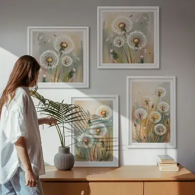 Löwenzahnblüten und pastellfarbene Gräser als mehrteiliges Wandbild mit Rahmen