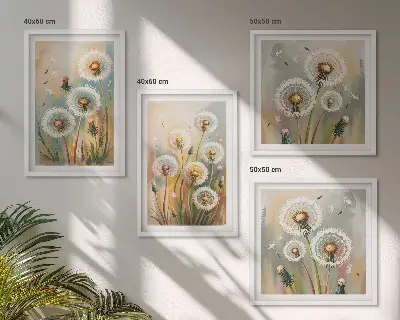 Löwenzahnblüten und pastellfarbene Gräser als mehrteiliges Wandbild mit Rahmen