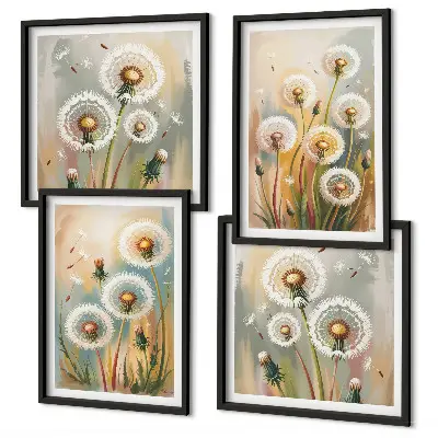 Löwenzahnblüten und pastellfarbene Gräser als mehrteiliges Wandbild mit Rahmen