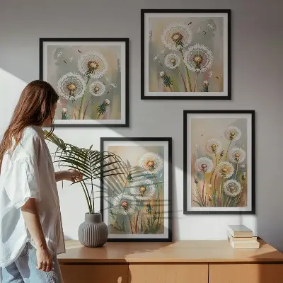 Löwenzahnblüten und pastellfarbene Gräser als mehrteiliges Wandbild mit Rahmen